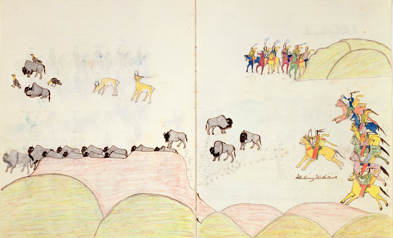 Native American Buffalo Hunt, z knihy náčrtů vytvořené ve Fort Marion, St Augustine, Florida, 1877 od Making Medicine