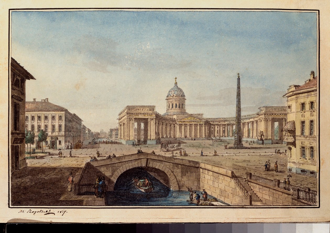La cathedrale Kazan a Saint Petersburg (Kazaňská katedrála v Petrohradě) - dílo Maxima Nikiphoroviče Vorobyeva (Vorobieva) (1787-1855), inkoust a akvarel na papíře od Maksim Nikiforovich Vorobiev