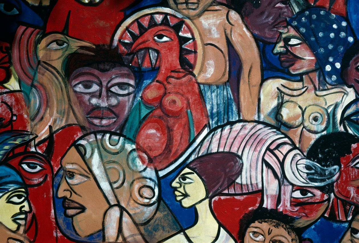 Tváře, nástěnná malba v zahradě Přírodovědného muzea v Maputu, autor Malangatana Valente Ngwenya (1936-2011), Mosambik, 20. století od Malangatana Valente Ngwenya
