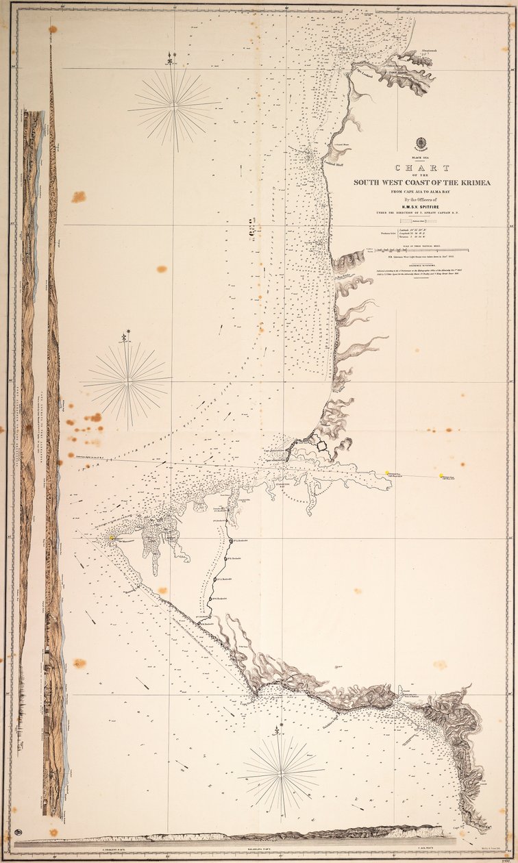 Černé moře, mapa jihozápadního pobřeží Krymu od mysu Aia po záliv Alma. Důstojníci z H.M.S.V. Spitfire. od Malby Malby