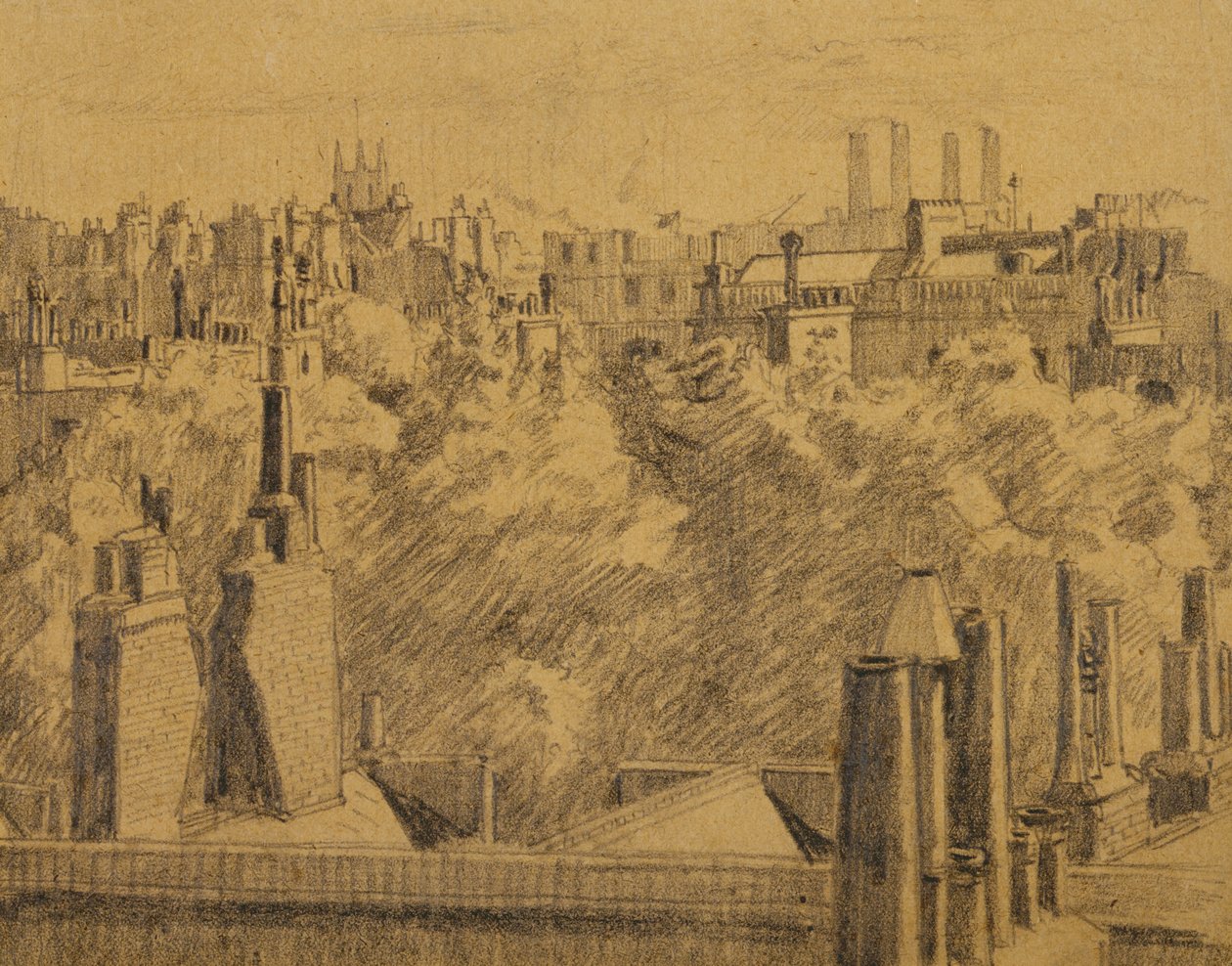 London Roofs, c.1914 (grafit na papíře položený na kartě) od Malcolm Drummond
