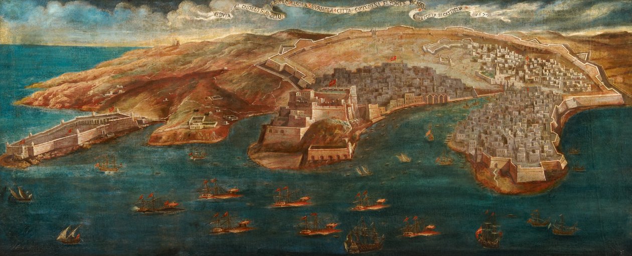 Pohled na Fort Ricasoli, hrad St Angelo, LIsola a Cotonera Lines z Valletty, 1679 od Maltese School