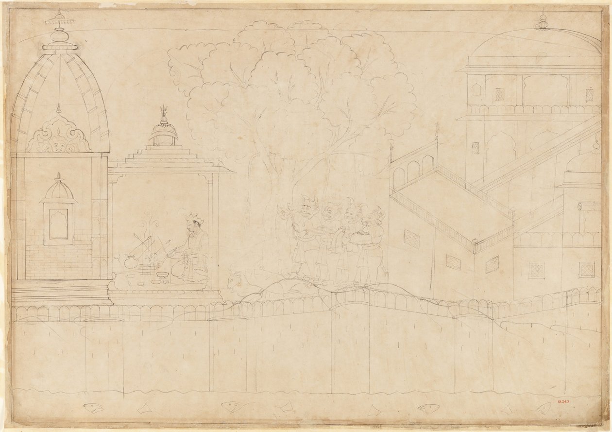 Indrajit Makes Offerings: Folio ze série Siege of Lanka, ca. 1725. od Manaku