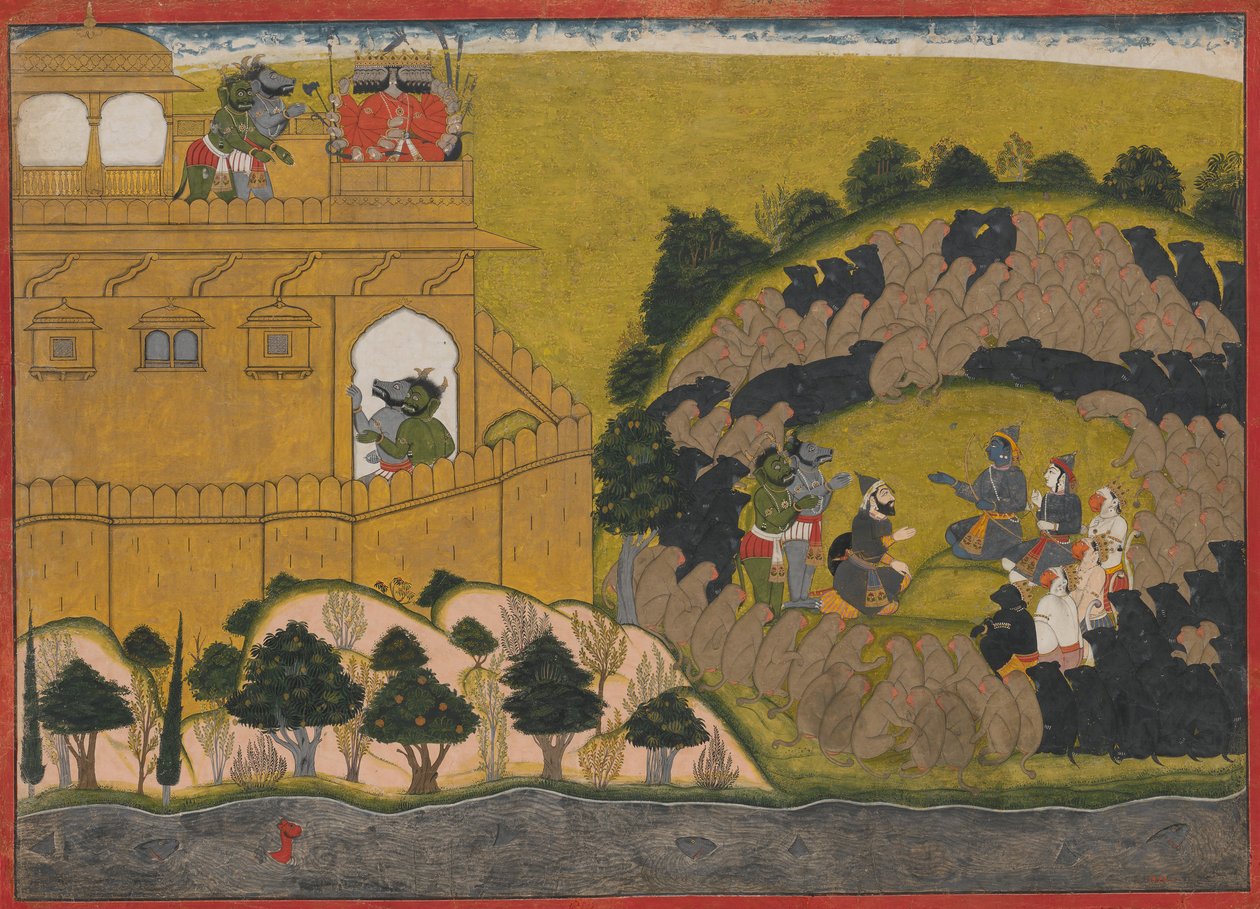 Rama uvolňuje démonické špiony Shuka a Sarana: Folio ze série Siege of Lanka, cca 1725. od Manaku