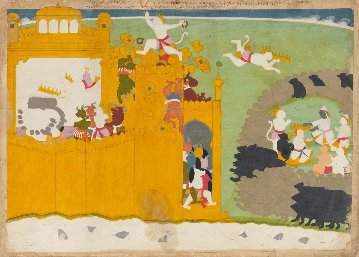 Opičí vůdce Angada ukradne korunu Ravanas ze své pevnosti..., ca. 1725. od Manaku