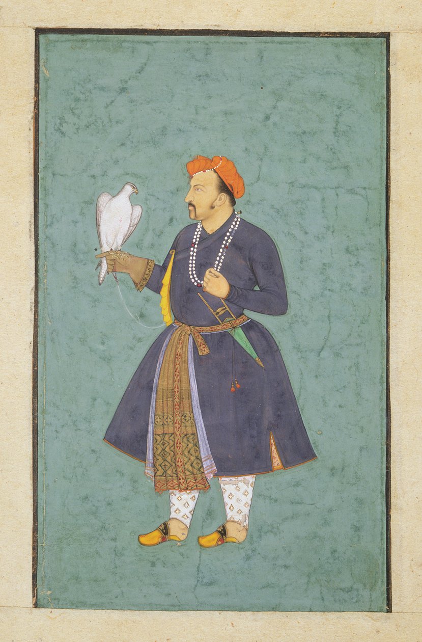 Portrét Jahangira držícího Falcona, cca 1600-10 (wc a zlato na papíře) od Manohar attr. to Manohar attr. to