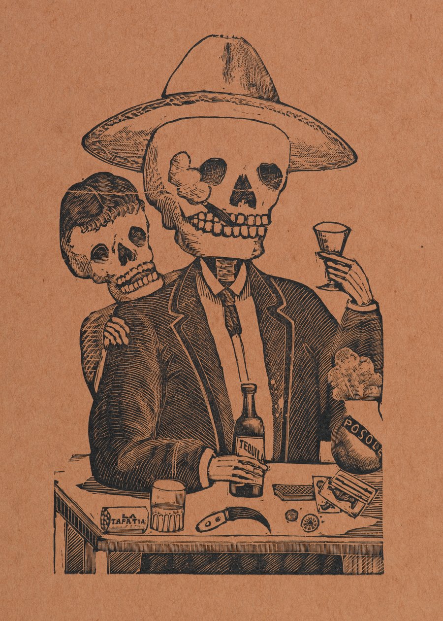 Skeleton Figure in a Bar, from 330 Grabados Originales, tiskl Antonio Vanegas Arroyo (1850-1917), Mexico City, Mexico (reliéfní rytina) od Manuel Manilla