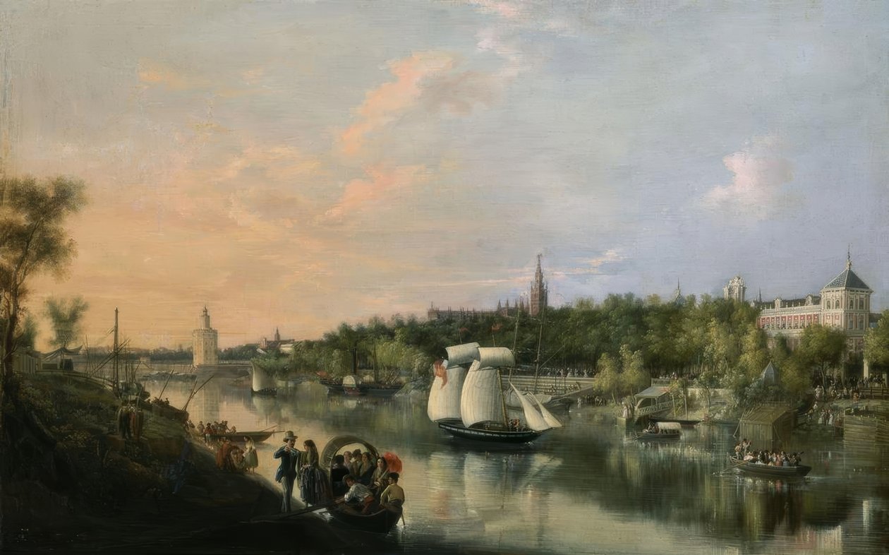 EL GUADALQUIVIR JAK PROCHÁZÍ SEVILLOU – 1851 – OELO / PLÁTNO 86,5X135,4CM od Manuel Barron y Carrillo
