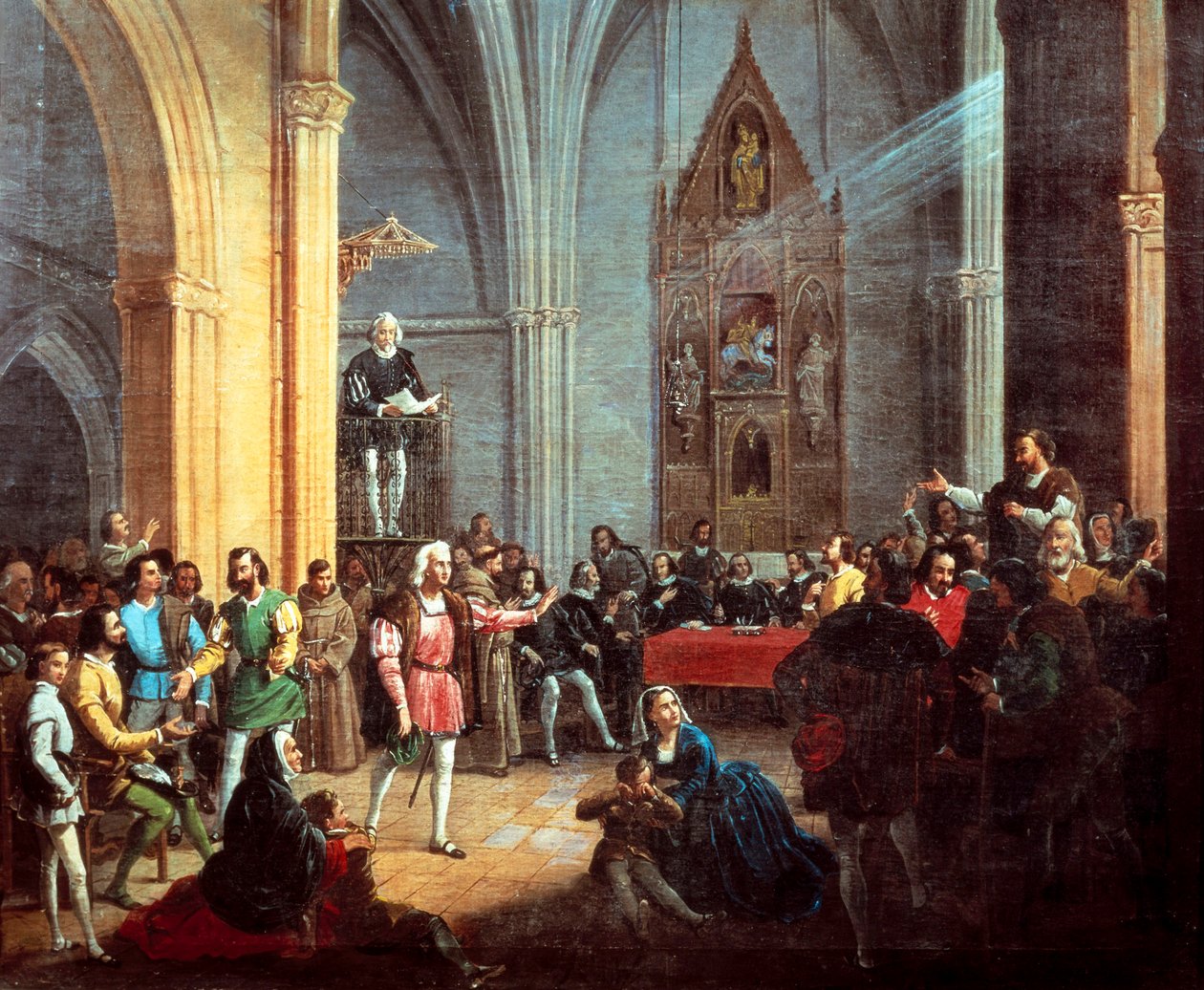 Kryštof Kolumbus během čtení Královské pragmatiky, detail obrazu od Manuela Cabral y Aguado Bejarano. 19. století od Manuel Cabral y Aguado Bejarano