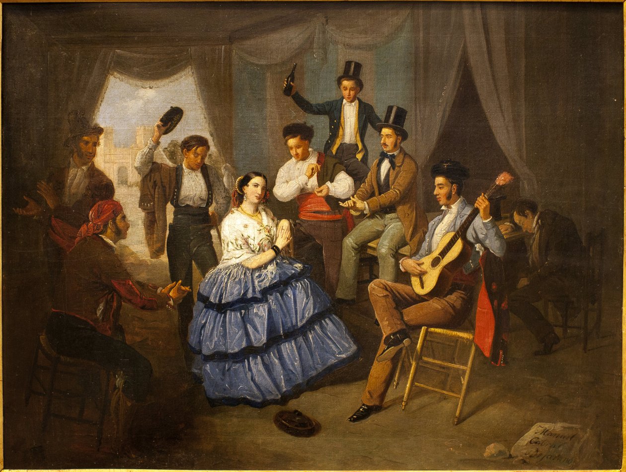Tanečnice v karnevalovém domě. Obraz Manuel Cabral Bejarano (1827-1891), olej na plátně od Manuel Cabral y Aguado Bejarano