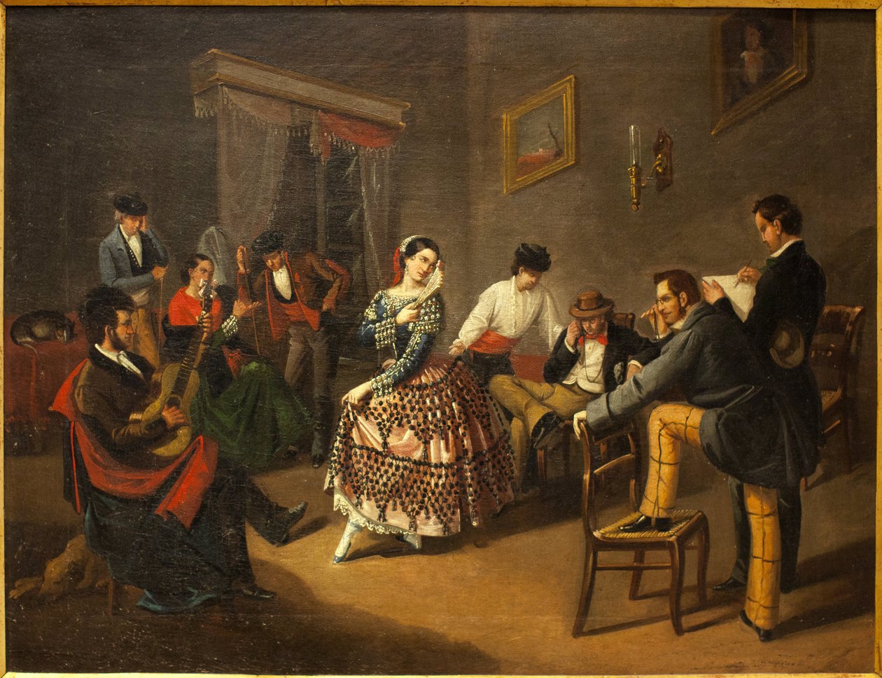 Tanečnice v obývacím pokoji. Obraz Manuel Cabral Bejarano (1827-1891), olej na plátně od Manuel Cabral y Aguado Bejarano