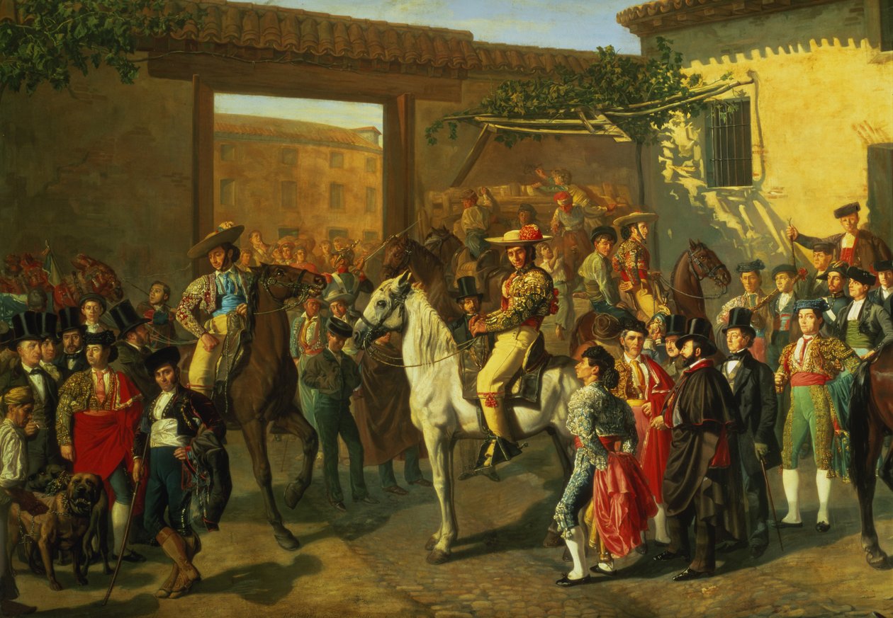 Koně na nádvoří u býčí arény před býčím zápasem, Madrid, 1853 (detail) od Manuel Castellano