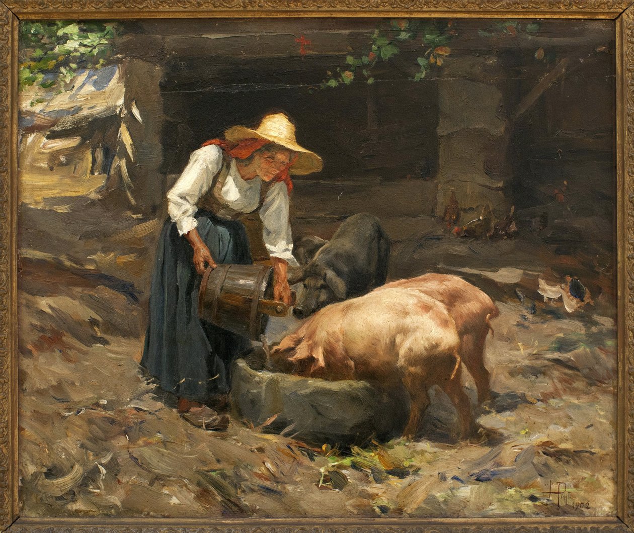 Jídlo z prasat; Obraz Manuel Henrique Pinto (1853-1912), olej na dřevě od Manuel Henrique Pinto