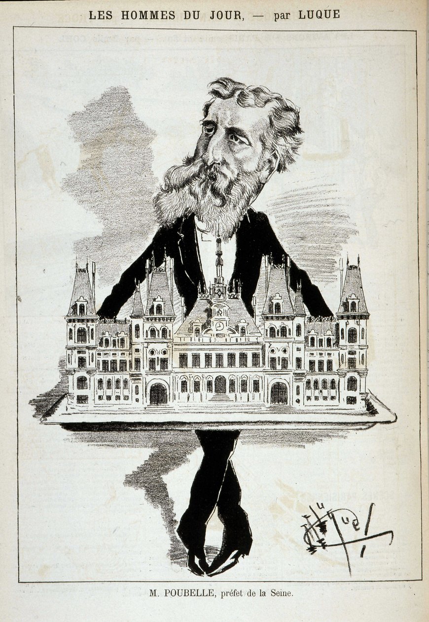 Kreslený film M. Poubelle, prefekta Seiny, nesoucí pařížskou radnici na náhorní plošině - Dess. od Luque, v „La Caricature““ ze dne 13.08.1887¿ od Manuel Luque