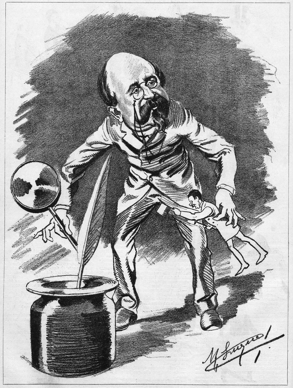 Edmond Gondinet (1828-1888) francouzský dramatik. Kreslený karikaturista Manuel Luque. V „The Cartoon“ z roku 1886. od Manuel Luque