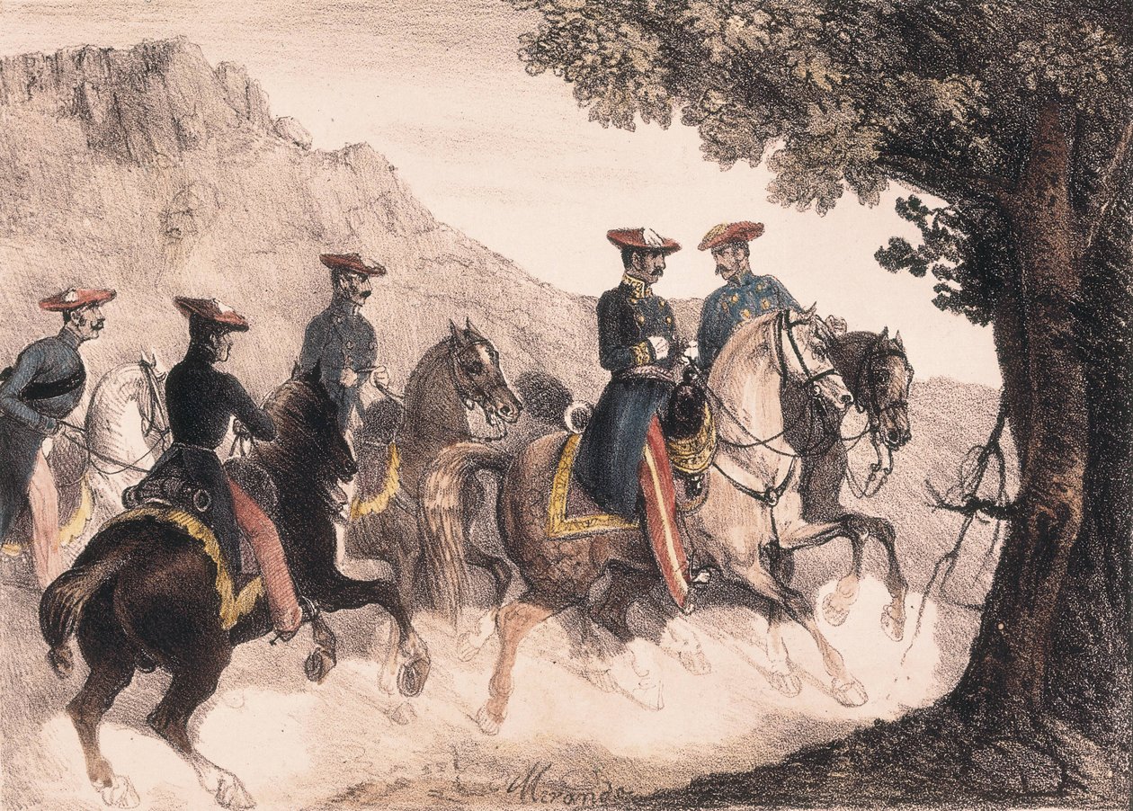 První karlistická válka, Bruno de Villarreal a jeho štáb (barevná litografie) od Manuel Miranda