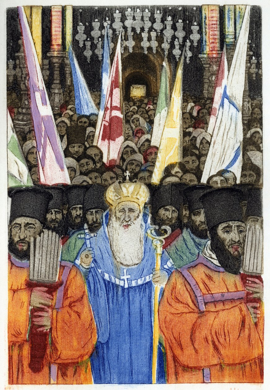 Židovský ortodoxní obřad v Jeruzalémě. Rytina Manuela Orazziho (1860-1934), v „“L