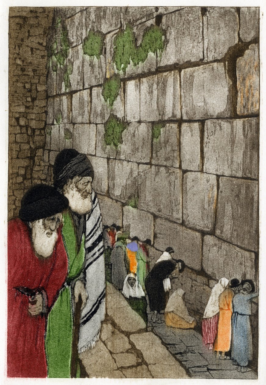 Židé před Zdí nářků, jediným pozůstatkem jeruzalémského chrámu postaveného králem Šalamounem v roce -950. Rytina Manuela Orazziho (1860-1934), v „“L