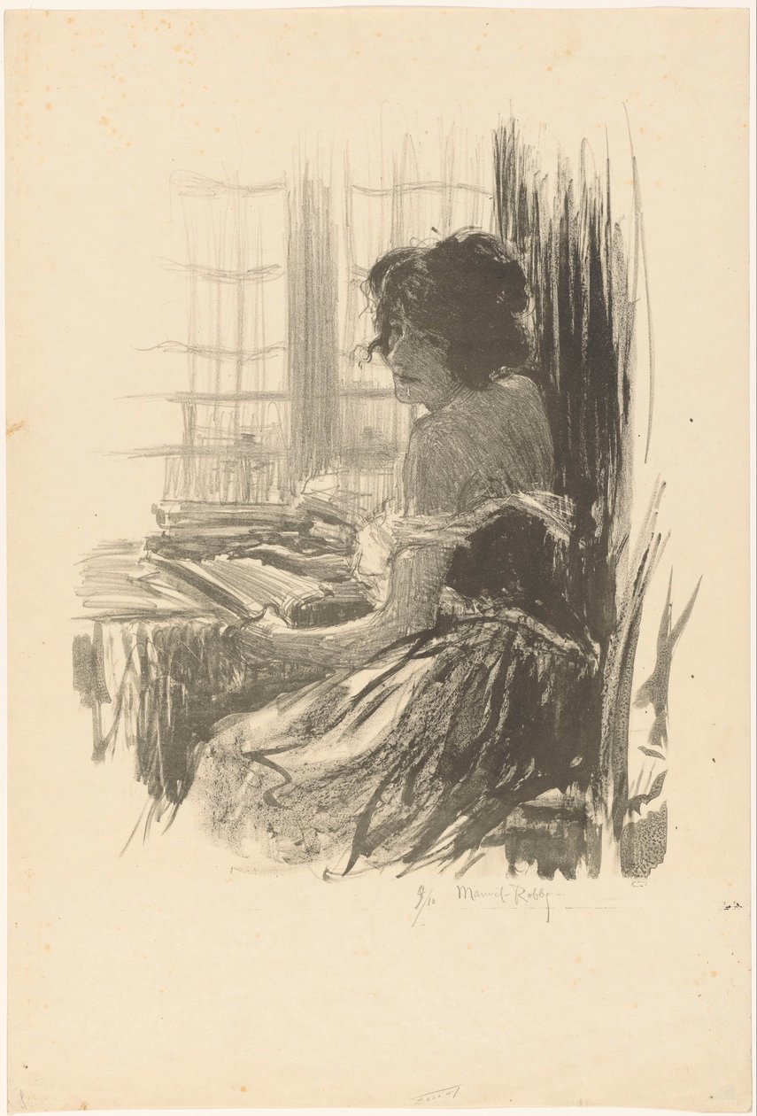 Žena čte za stolem před oknem od Manuel Robbe (signed by artist)