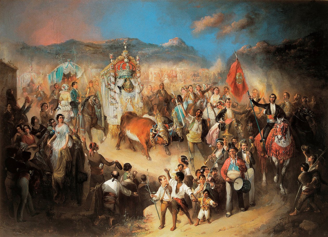 Procesí El Rocio: Tradiční andaluská oslava ke cti Panny Marie. Obraz Manuela Rodrigueze de Guzmana (1818-1867). 1850-1900 Segovia. Palác Riofrio. od Manuel Rodriguez de Guzman
