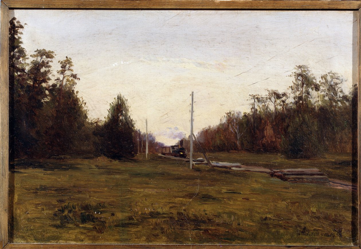 Krajina s vlakem. Obraz Manuila Christoforoviče Aladžalova (1862-1934). Olej na kartonu, 29,5 x 43,5 cm. Ruské umění počátku 20. století. Regionální muzeum umění, Plyos. ©FineArtImage/Leemage od Manuil Christoforovich Aladzhalov