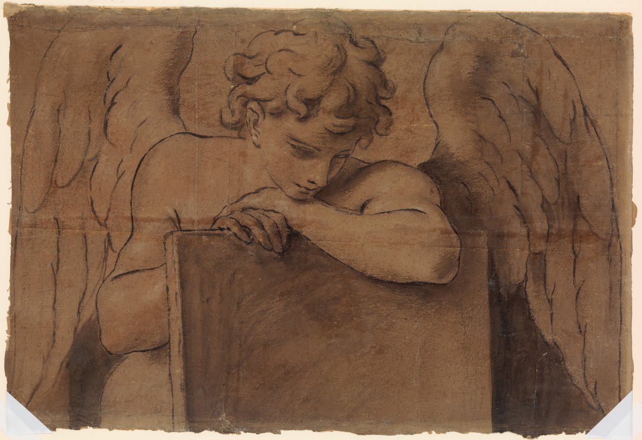 Kreslený fragment pro dospívajícího anděla opírajícího se o tablet nebo zavřenou knihu, ca. 1690-95. od Marc Antonio Franceschini