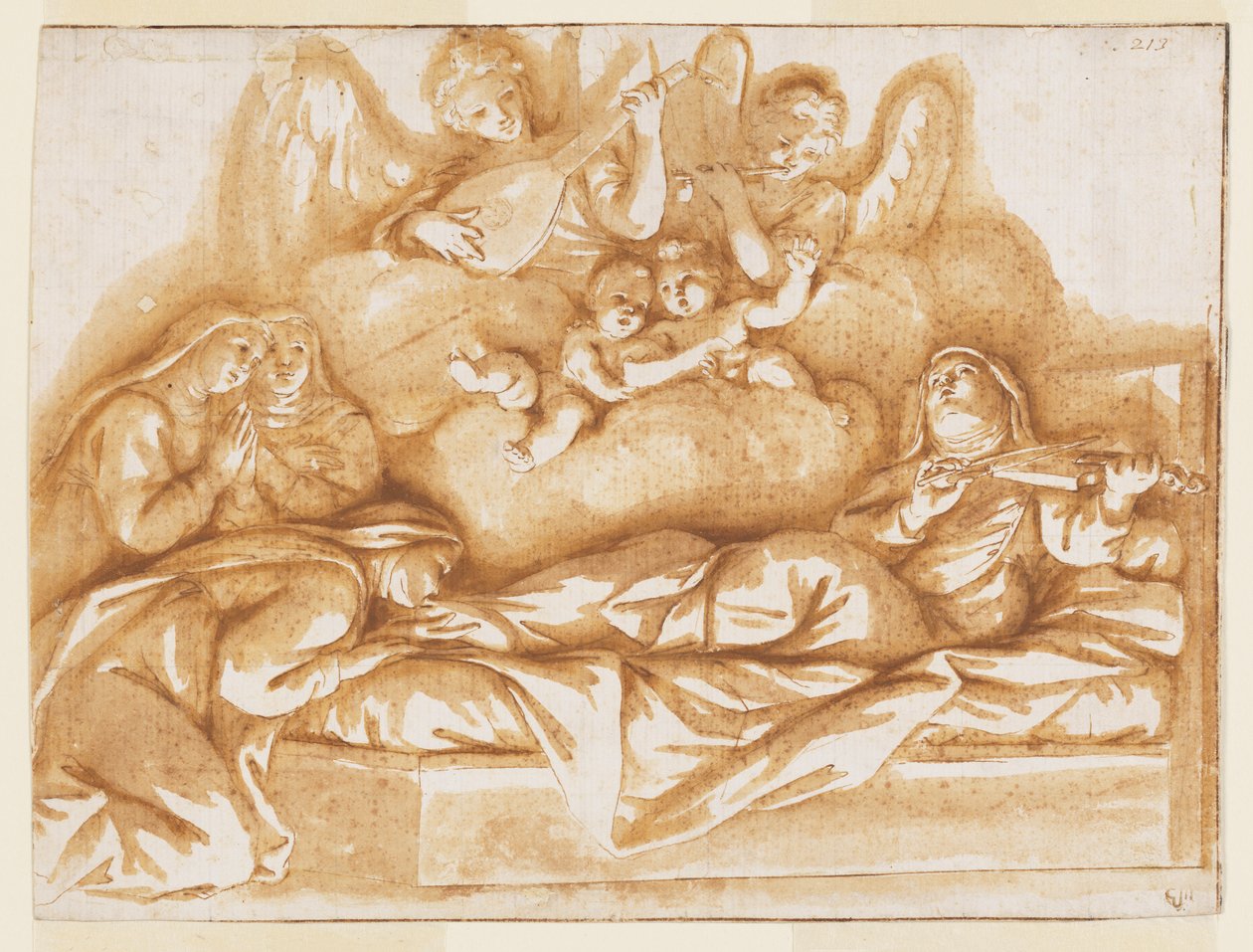 Návrh jednobarevné nástěnné malby, kostel Corpus Domini, Bologna, Itálie, Smrt sv. Kateřiny Vigri od Marc Antonio Franceschini