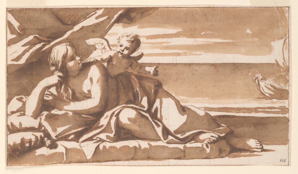 Studie pro malbu Overdoor, Ariadne prohlíží přiblížení Bakchovy lodi od Marc Antonio Franceschini