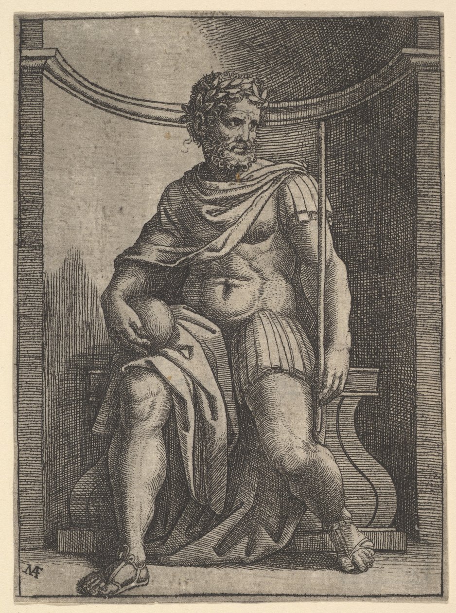 Římský císař sedící ve výklenku držící glóbus a žezlo a hledící na své..., ca. 1500-1534. od Marcantonio Raimondi