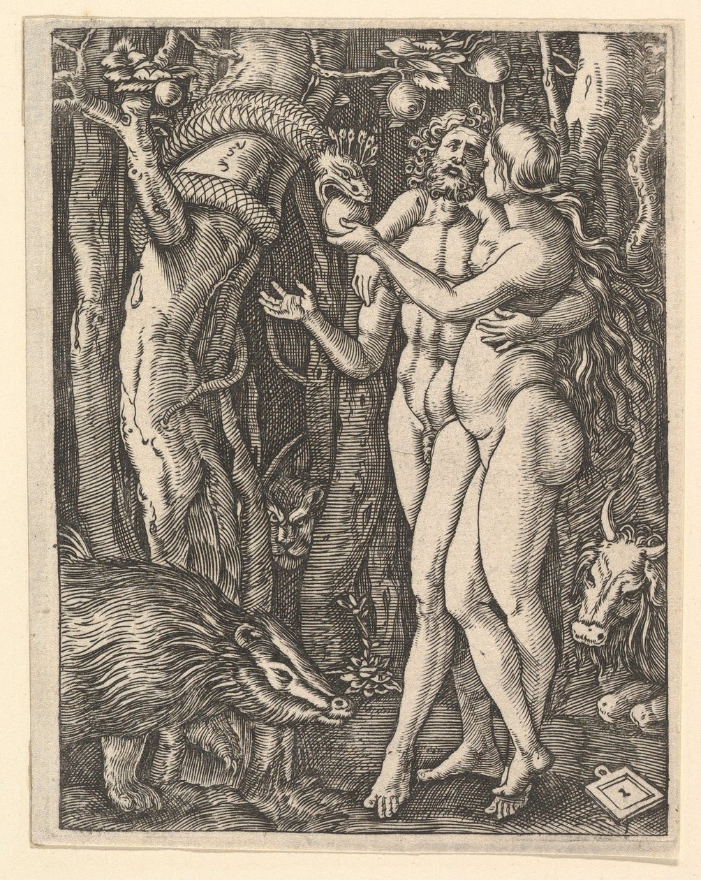 Adam a Eva s jablkem a hadem, ca. 1500-1534. od Marcantonio Raimondi
