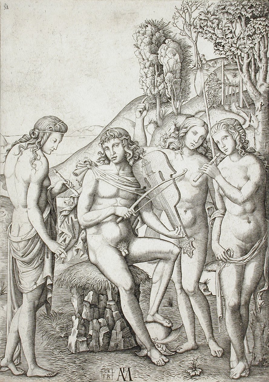 Apollón vyučující Grácie hudbě od Marcantonio Raimondi