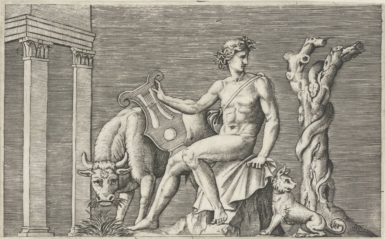 Apollo střeží stádo Admetus Mytologické reprezentace po starověkých basreliéfech (název série) od Marcantonio Raimondi