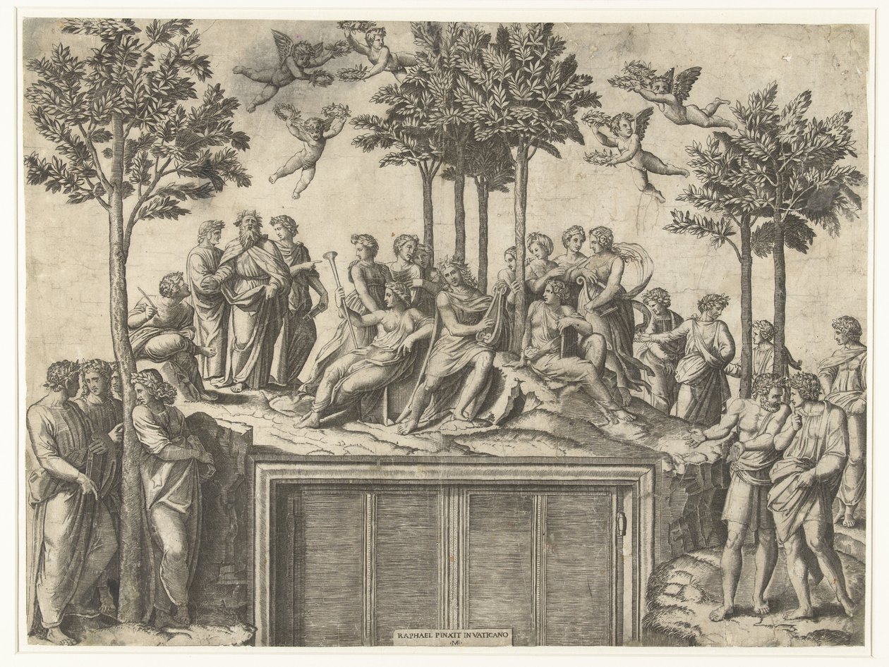 Apollo a Múzy na hoře Parnas od Marcantonio Raimondi