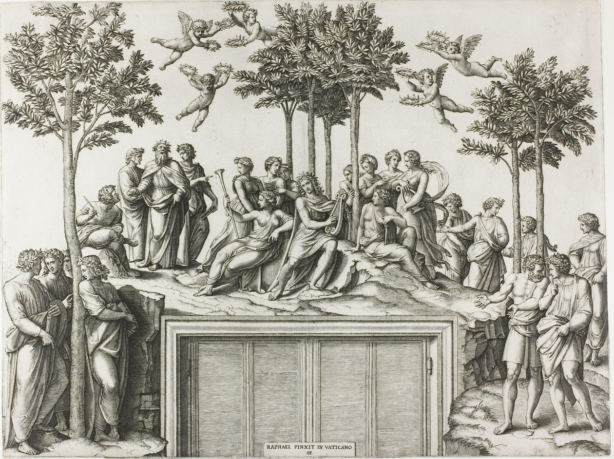 Apollo na Parnasu, obklopen múzami a básníky od Marcantonio Raimondi