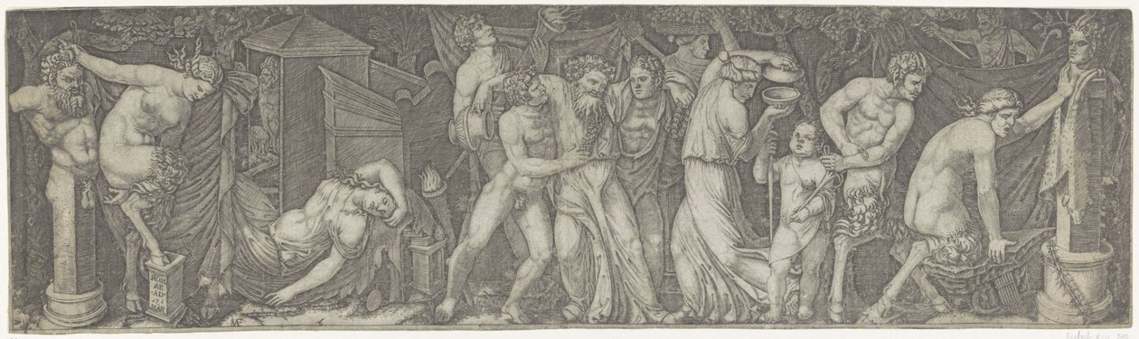 Bacchanal s opilým Bakchem a satyry a maenady od Marcantonio Raimondi