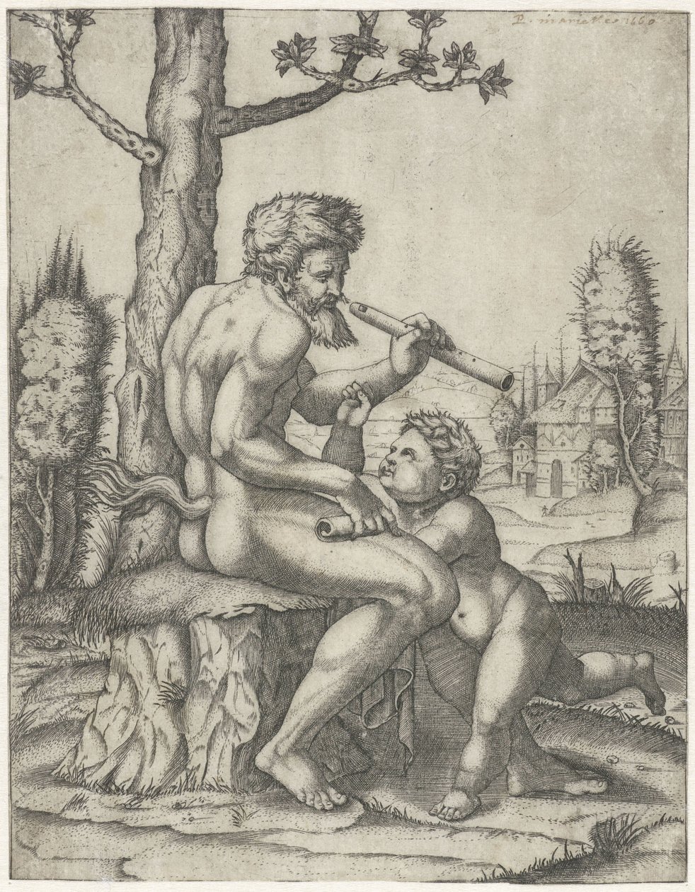 Faun s flétnou hraje s dítětem od Marcantonio Raimondi