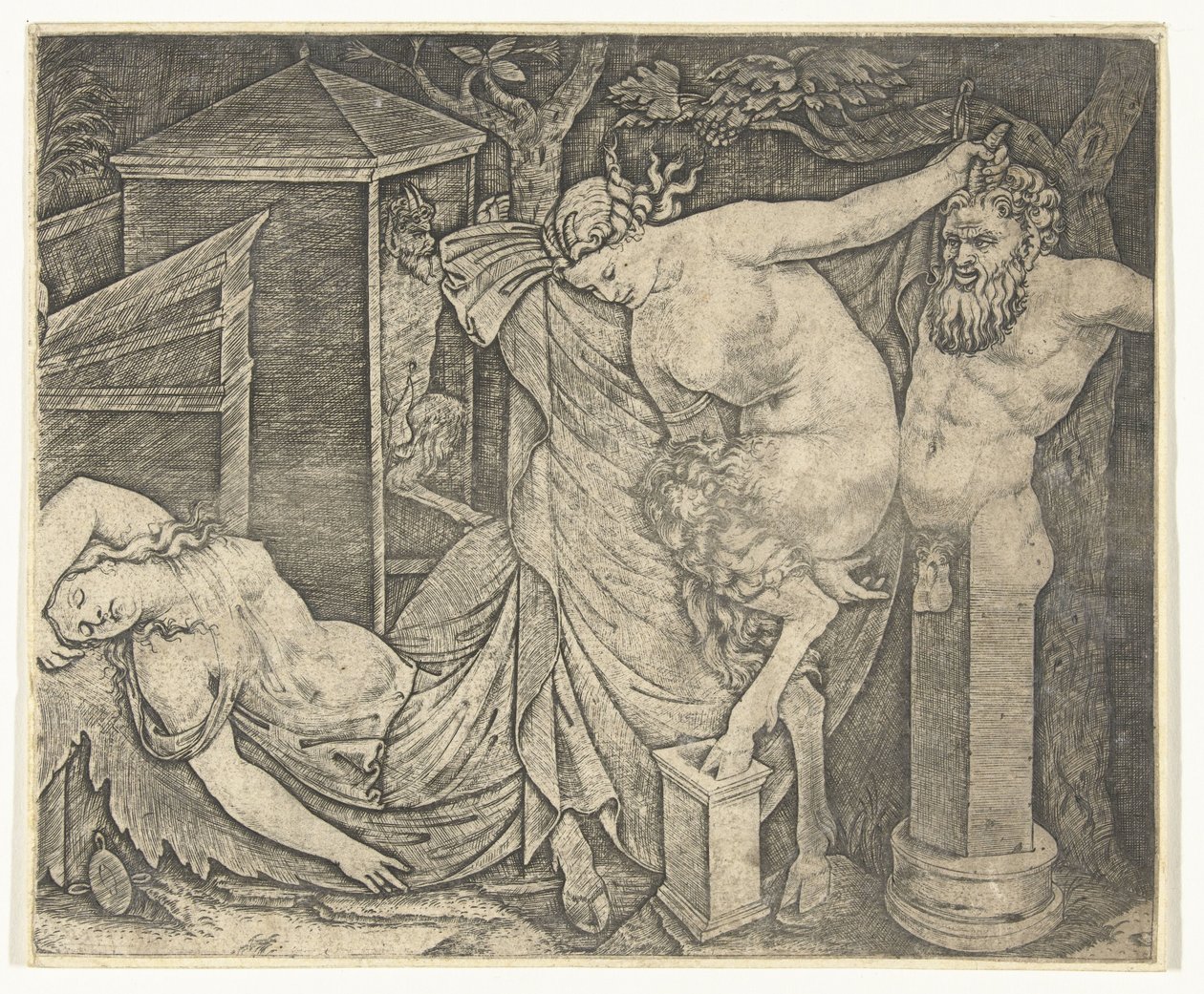 Fragment Bacchanal se satyrskou ženou a Hermem a spící Bacchante od Marcantonio Raimondi