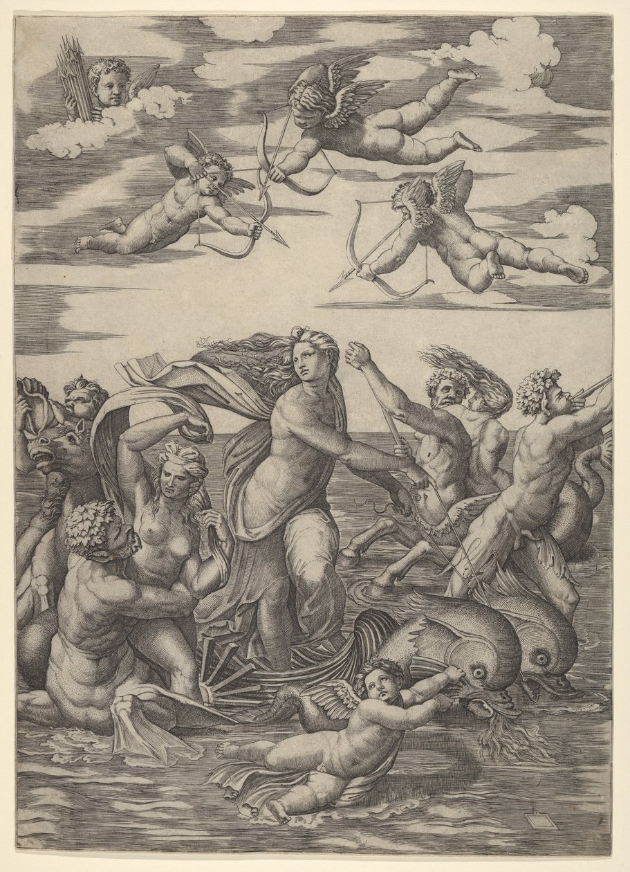 Galatea stojící ve vodním voze taženém dvěma delfíny, obklopený tritony, nere..., 1515-16. od Marcantonio Raimondi