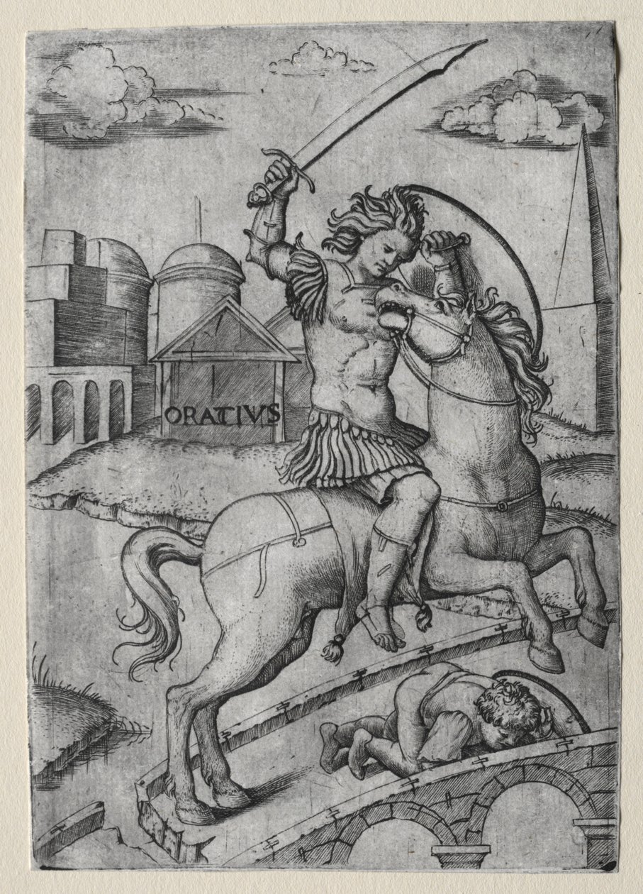 Horatius Cocles bránící Sublicianův most. od Marcantonio Raimondi