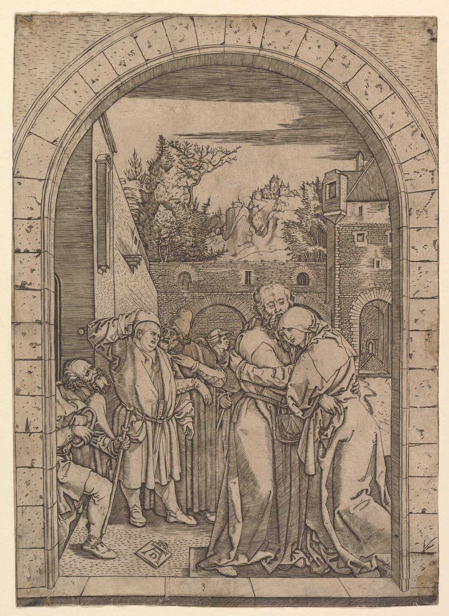 Joachim objímající svatou Annu pod zlatou bránou v Jeruzalémě, po Dürerovi, ca. 1500-1534. od Marcantonio Raimondi