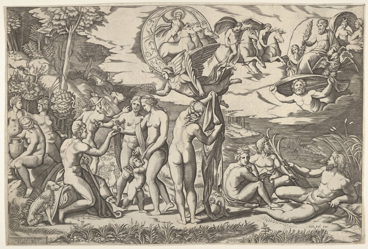 Soud z Paříže: Paris natahuje ruku k Venuši, která stojí mezi Juno a..., ca. 1520-50. od Marcantonio Raimondi