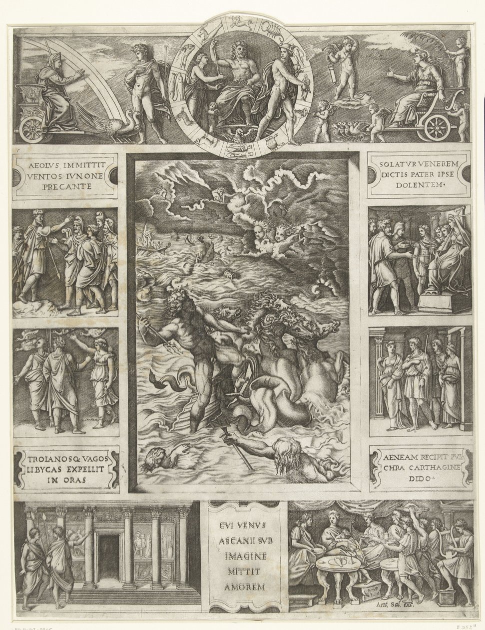 Jupiter uklidňuje bouři na moři v obdélníkovém rámu s devíti scénami z eposu Aeneid od Marcantonio Raimondi