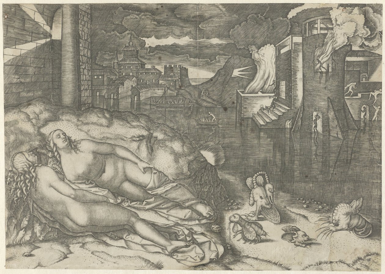 Krajina se dvěma nahými spícími ženami a fantasy zvířaty na břehu u vody s hořící budovou Sen o Raphaelovi od Marcantonio Raimondi