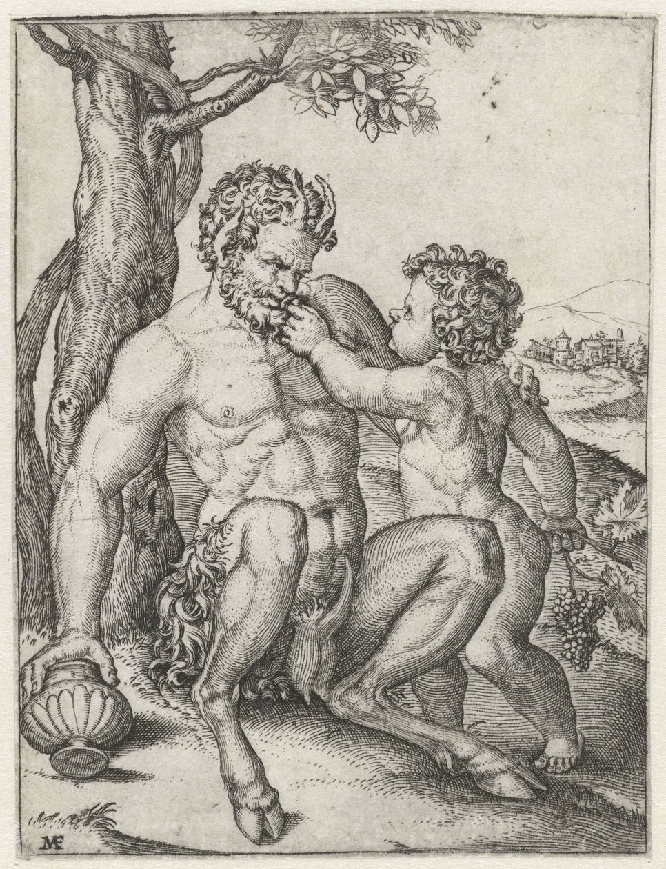 Pánev s šálkem na pití a Bacchus jako dítě s hroznem od Marcantonio Raimondi