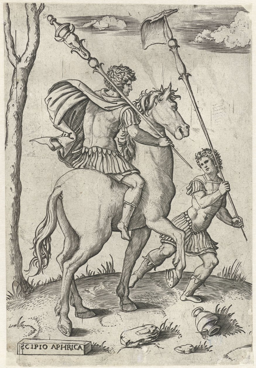Římští generálové Scipio Africanus Maior na koních a Scipio Africanus Minor Římští hrdinové na koních (název série) od Marcantonio Raimondi