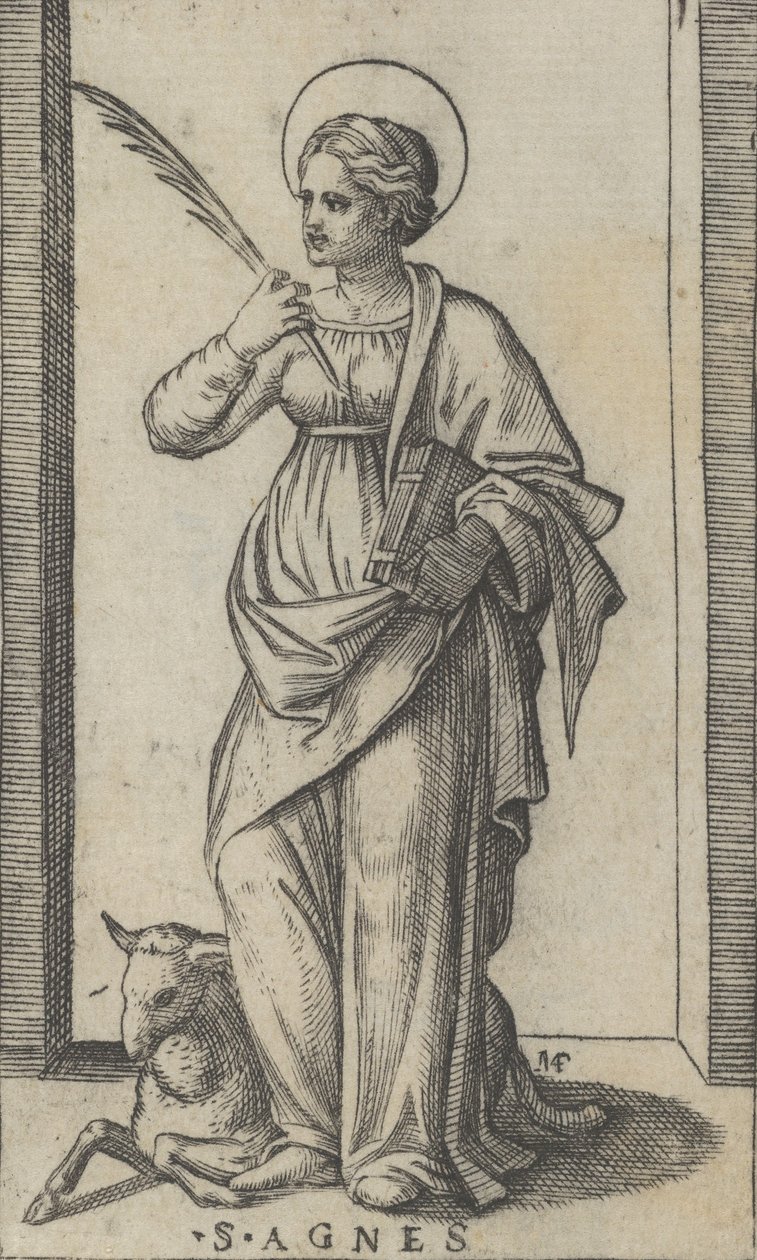Svatá Anežka stojící a v pravé ruce drží dlaň, vlevo dole ovce, od..., ca. 1500-1527. od Marcantonio Raimondi