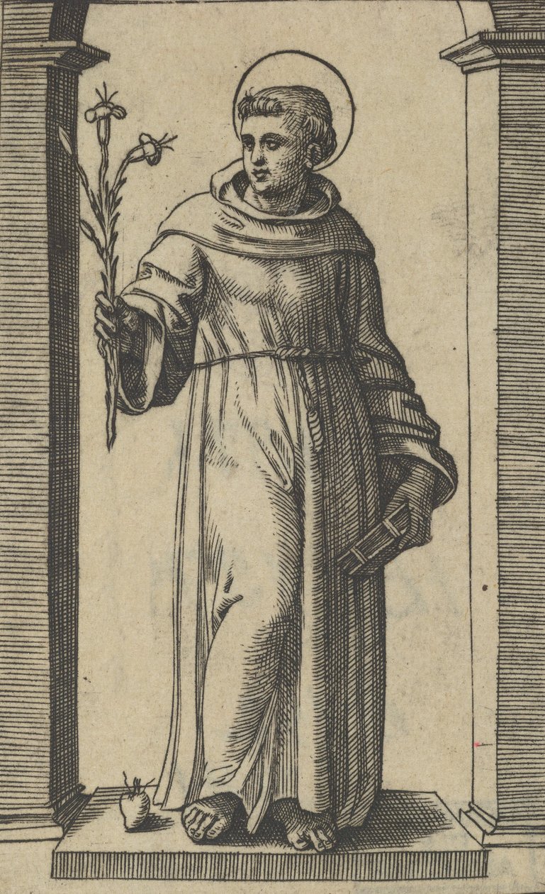 Svatý Antonín Paduánský stojí, lilie ve zdvižené pravici, kniha v..., ca. 1500-1527. od Marcantonio Raimondi