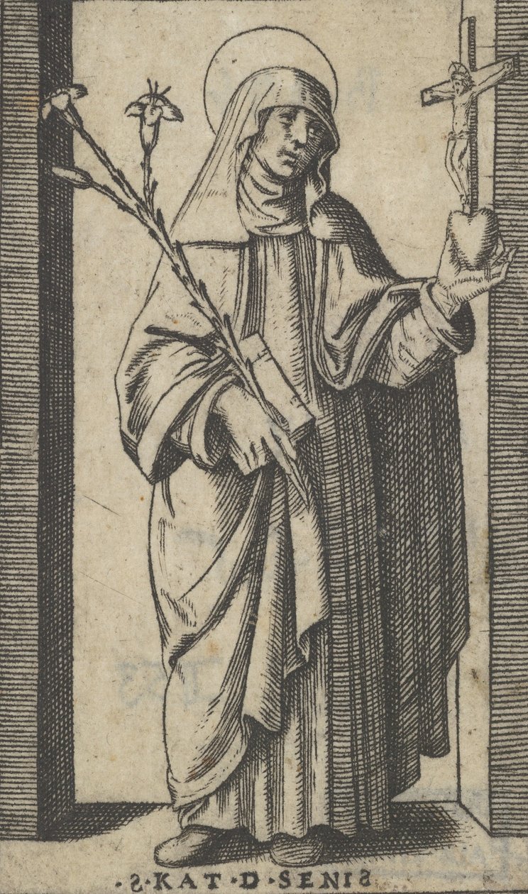 Svatá Kateřina Sienská stojící a v pravé ruce drží květiny a knihu, h..., ca. 1500-1527. od Marcantonio Raimondi