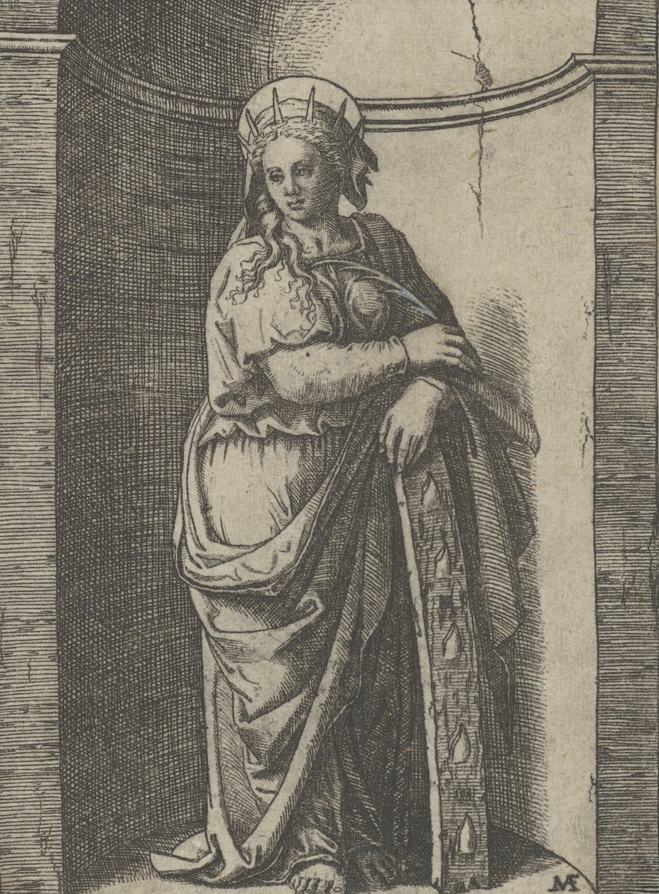 Svatá Kateřina stojící ve výklenku, spočívající na kole, svůj mučící nástroj..., ca. 1500-1527. od Marcantonio Raimondi