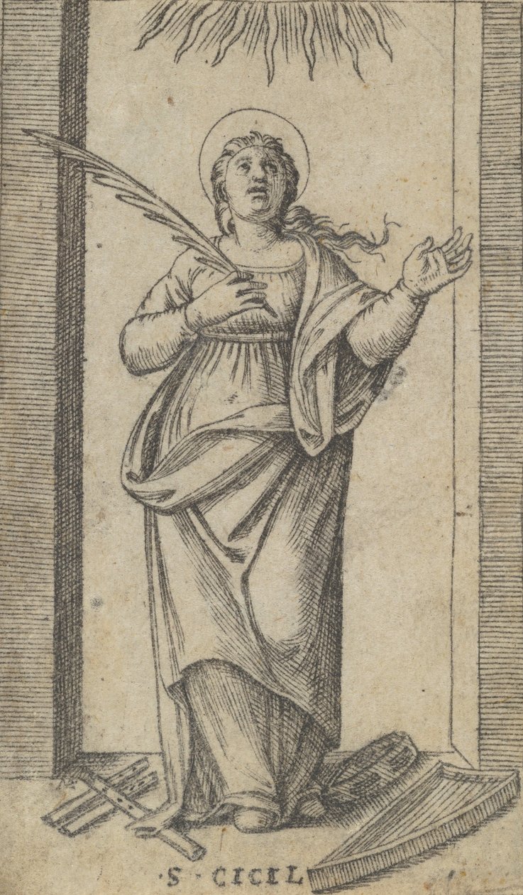 Svatá Cecílie stojící a v pravé ruce drží mučednickou palmu, z moře..., ca. 1500-1527. od Marcantonio Raimondi